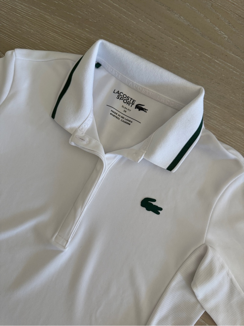 Lacoste White Polo with Green Crocodile and Collar Stripes